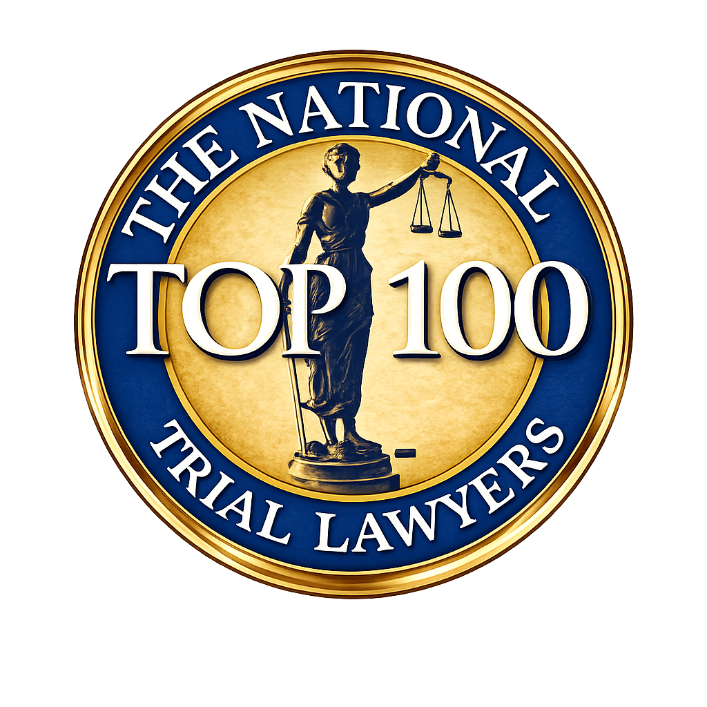 Gold and blue seal featuring a statue of Lady Justice with scales and sword, text reads THE NATIONAL TOP 100 TRIAL LAWYERS.